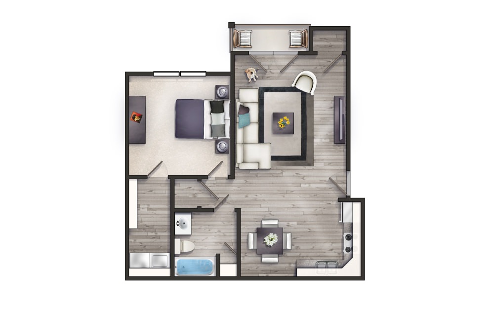 Jade - 1 bedroom floorplan layout with 1 bath and 740 square feet.