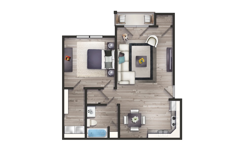 Jade II - Newly Redesigned - 1 bedroom floorplan layout with 1 bath and 740 square feet.