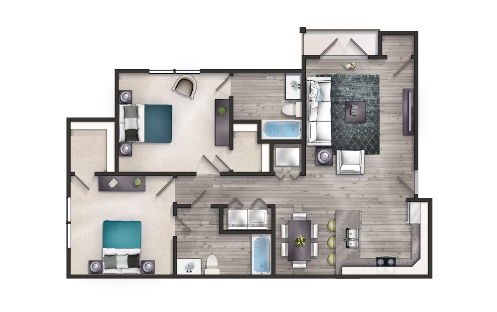 Jasper - 2 bedroom floorplan layout with 2 baths and 1055 square feet.