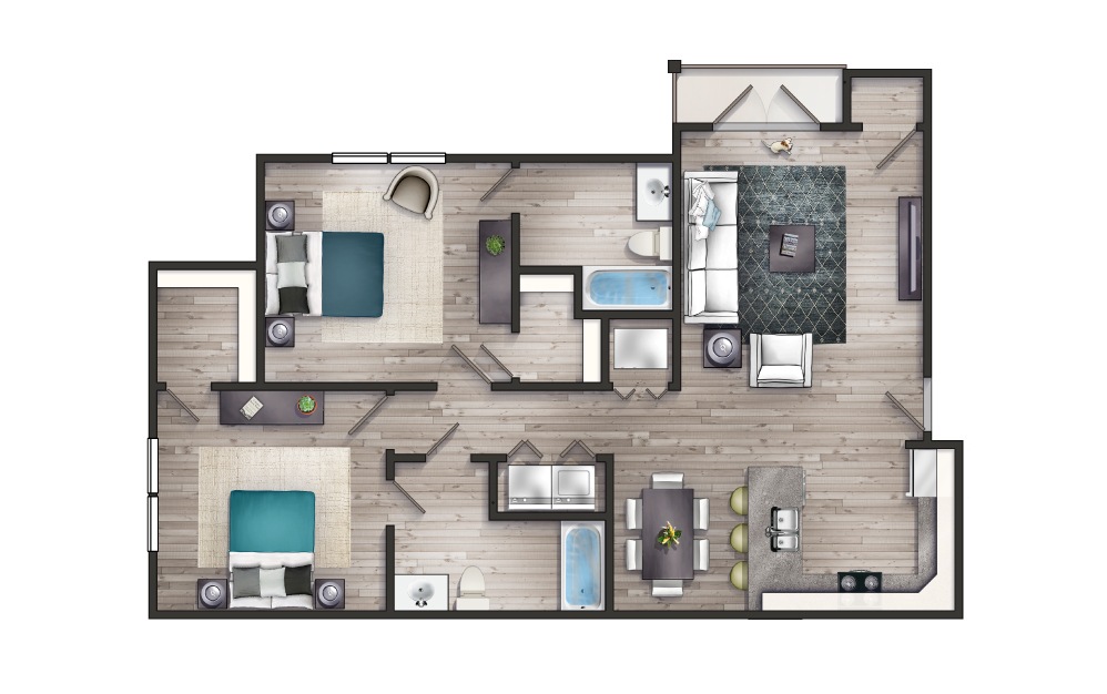 Jasper II - Newly Redesigned - 2 bedroom floorplan layout with 2 baths and 1055 square feet.