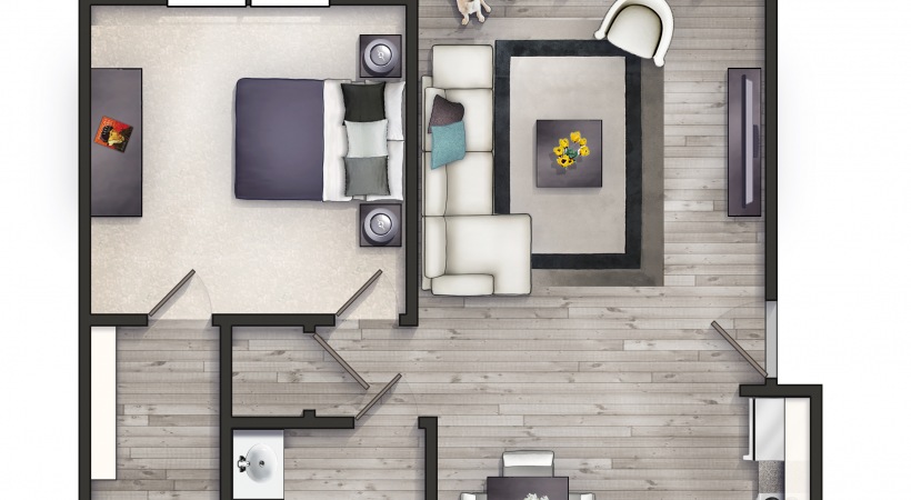 Jade 1BD, 1BA 740 sf floor plan at The Pointe at Heritage in Wake Forest, NC